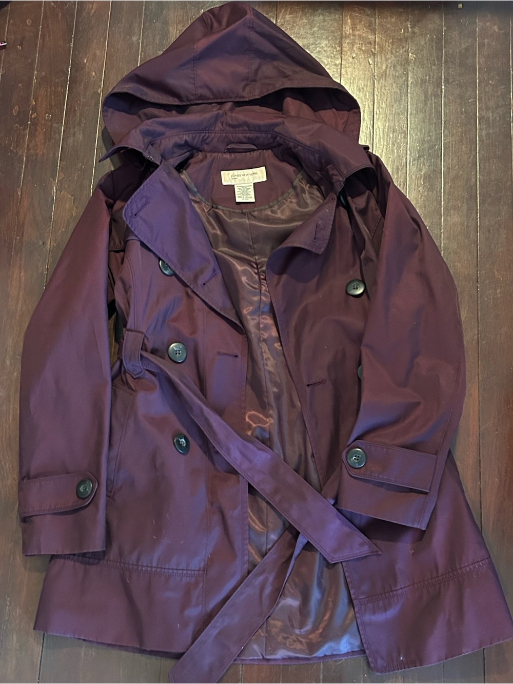 Jones New York Sport Women's Purple Hooded Belted Button Trench Coat M